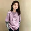 Camiseta de manga larga de algodón puro para niña, look de dos piezas para primavera y otoño, cuello redondo, camiseta básica elegante, top a rayas de moda versátil estilo coreano