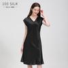 Vestido Nuevo Estilo Europeo y Americano de Seda Pesada de 19 mm para Mujer, 100% Seda de Morera, Ceñido a la Cintura, de Longitud Media, Cuello en V, Manga Corta