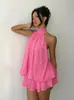 Vestido de Gasa con Cuello Halter Estilo Europeo y Americano Transfronterizo, Falda Corta de Línea A de Cintura Alta Sexy, Vestido de Vacaciones en la Playa