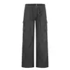Pantalones de Trabajo Rectos Estilo Retro Americano 11KN Unisex Sueltos High Street Cordón Patchwork Bolsillos 3D Casual Pantalones de Pierna Ancha