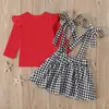 Traje de Dos Piezas para Niña Estilo Europeo y Americano Primavera y Otoño Día de San Valentín Top de Manga Larga + Falda con Tirantes de Cuadros y Lazo