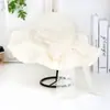 Sombrero de Paja con Lazo de Perlas y Borde Ondulado Estilo Francés para Mujer, Estilo de Viaje y Vacaciones en la Costa de Verano, Sombrero de Sol para Playa