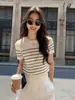 Bonito Fin de Semana Camiseta Básica de Rayas Blancas y Negras de Manga Corta para Mujer Verano Holgada Casual Adelgazante Top de Punto