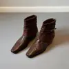 Botines ajustados de retazos retro para mujer, tacón grueso, cremallera trasera, punta cuadrada pequeña, botines cortos elásticos de microfibra, nuevo estilo otoño 2026