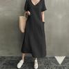 Vestido Curto de Manga Curta com Decote V, Barra Larga, Soltinho, Tamanho Grande, de Algodão e Linho, Estilo Nacional Literário Retrô, Nova Roupa Feminina 2533