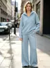 Suéter tejido ruso de punto cruzado europeo y americano para mujer, suéter con capucha y cremallera de otoño e invierno + pantalones holgados de pierna ancha, conjunto casual de dos piezas