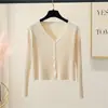 Cárdigan de punto acanalado de manga corta y larga con cuello en V para primavera y otoño para mujer, chaqueta de mujer ajustada de cintura alta