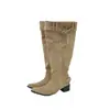 Botas Altas hasta la Rodilla para Mujer, Otoño e Invierno 2026, Botas de Gamuza Color Caqui con Punta Fina, Tacón Grueso, Botas Fruncidas Adelgazantes