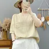 Camisa de Gasa de Algodón de Doble Capa con Cuello en V y Mangas Cortas para Mujer en Verano, Holgada y Versátil, Suave, Apta para la Piel, Transpirable, Absorbente de Sudor, Top 100% Algodón Puro