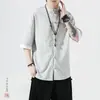 Camisa de Lino con Hebilla de Estilo Chino para Hombre de Verano Manga Corta Traje Tang de Media Manga para Hombre Hanfu de Algodón y Lino Estilo Antiguo Traje Zhongshan Chino