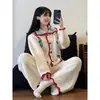 Conjunto de Pijama Meia Malha Doce Desenho Animado Estilo Coreano para Mulheres, Cardigan de Tricô Outono/Inverno Quente Manga Longa Calça Longa Conjunto para Casa