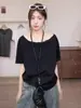 Camiseta Assimétrica de Manga Curta com Gola Assimétrica Estilo Retrô Americano para Mulheres, Verão, Algodão Puro, Design Solto, Top Assimétrico da Moda