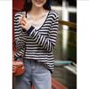 Estilo Francês Estilo Empilhado Listras Contrastantes Tricot Fino Top de Tricô para Mulheres 2025 Primavera, Outono e Inverno Novo Estilo K