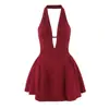 Vestido Sexy de Veludo com Bolinhas, Gola Halter Profunda em V, Costas Abertas, Estilo Europeu e Americano, Vestido Curto Hot Girl que Marca a Cintura