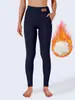 Novas leggings populares de lã de cordeiro transfronteiriças para mulheres, cintura alta com bolsos com etiqueta de couro, forradas com fleece para outono e inverno, modeladoras para esportes e yoga