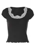 Camisola de Verano Nueva Moda Estilo Ins Europeo y Americano Color Sólido Estilo Fresco Corta con Escote en U Ribeteada de Encaje para Mujer