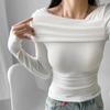 Camiseta de manga larga con hombros descubiertos y clavícula para mujer, otoño 2023, plisada, elástica, ajustada, con cuello oblicuo