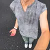 Colete Americano Tie-Dye Decote V Sem Mangas Masculino Verão Fino Secagem Rápida Fresco Design Camiseta Seda Gelada Cintura Solta
