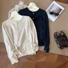 Botón de Concha Otoño Nuevo Estilo Coreano Borde Rizado Cuello Redondo Color Sólido Un Botón Amigable con la Piel Cómodo Camiseta Base Camiseta Venta al por Mayor