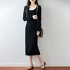 Vestido de punto para mujer 100% lana pura, cuello en U, color liso, cintura alta, adelgazante, cálido, estilo pullover, largo hasta la rodilla