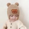 Gorro de punto con doble bola de oso para bebé, estilo occidental, cálido y grueso, de lana con protección para las orejas, para hombre y mujer.