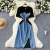 Moda Estilo Coreano Elegante Irregular Manga Curta Costura Diamante Cintura Apertada Vestido Jeans Feminino Verão Fenda Saia Longa