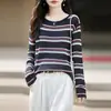 Suéter de Punto Redondo de Lana Fina para Otoño/Invierno 2026 Manga Larga para Mujer Hueco Bloque de Color Rayas Camisa Base Superior