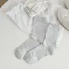 Meias de Primavera e Verão Femininas Finas Respiráveis Meias com Babados Novas Simples Meia-Calça de Cor Sólida Malha Vazada ins Meias Femininas da Moda