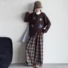 Nueva colección de otoño para niñas: Cárdigan de punto estilo coreano con detalles de ganchillo, conjunto informal de pantalones a cuadros, pantalones de pierna ancha y abrigo de punto