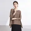 Top de camiseta irregular de calidad Miyake para mujer, cuello redondo, corte holgado, dobladillo ancho, plisado, casual, versátil, blusa de manga larga