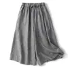 Pantalones Falda de Pierna Ancha con Estampado de Gotas de Lluvia en Lino, Algodón-Lino, Sencillos y Versátiles, Estilo Artístico, Pantalones Acortados de Cintura Alta Elástica
