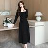 Vestido Simple de Punto Transfronterizo 2025 para Mujer Otoño e Invierno Mangas Abullonadas Estilo Francés de Alta Gama Look Adelgazante Flor