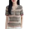 Top de Verano de Punto con Cuello Polo, Manga Corta, Ajustado, Bloques de Color Rayados Retro a la Moda para Mujer