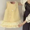 Conjunto de Vestido de Primera Fiesta para Niña, Chaleco de Forro Polar Amarillo Custodia con Falda de Malla, Favorecedor y Elegante, Tendencia 2025