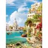 Pintura al óleo estilo europeo de un pueblo junto al lago, Pintura de diamantes con cobertura total de diamantes, Nueva escena callejera vintage para decoración de sala de estar, Fábrica de punto de cruz con diamantes