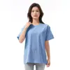 Camiseta feminina branca de manga curta, modelagem solta, cor sólida, gola redonda, estilo casual, 200g, em malha.