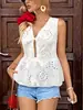 Chaleco sin mangas bordado calado estilo bohemio europeo y americano transfronterizo de Amazon para mujer, top babydoll con cuello en V y doble lazo fruncido