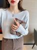 Camiseta básica de cuello redondo para mujer, top holgado color albaricoque, nuevo estilo 2025, de punto con mangas largas para primavera y otoño, que se puede usar por fuera