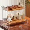 Pequena prateleira de exibição para mesa de centro, conjunto de chá, porta-copos de chá, copo de mesa, bule, copo de água, prateleira de armazenamento em forma de escada