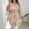 Nuevo Top de Comercio Exterior Transfronterizo Estilo Redondo Azul y Blanco Floral Manga Tres Cuartos, Camiseta Suelta y Elegante de Manga Corta