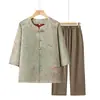 Conjunto de Verano para Abuela 2026 Estilo Nuevo Camisa Estilo Chino para Mamá, Ropa de Manga Tres Cuartos para Mujeres Mayores, Conjunto de Dos Piezas