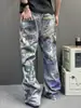 Jeans de Pierna Ancha Micro Acampanada de Hilo Grueso Lavados Desgastados con Estampado Completo Estilo Graffiti Retro Americano 2026 para Hombre