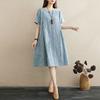 Vestido midi holgado y adelgazante de verano para mujer, de algodón y lino, talla grande, elegante, ajustado, de manga corta.