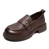 Sapatos femininos de couro estilo francês, sem cadarço, com sola grossa e salto grosso, 2026 outono, novos mocassins versáteis estilo retrô britânico