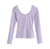 Camiseta sexy de rayas de manga larga para mujer, diseño de principios de otoño con espalda descubierta, tirantes cruzados en la espalda, corte ajustado y cuello en U pronunciado, estilo corto