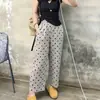 Pantalones de Lino de Algodón de Lunares Pierna Ancha para Mujer Verano Finos Nuevos Casuales de Pierna Recta Elásticos de Cintura Alta Adelgazantes Versátiles Pantalones Cortos