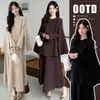 Moda maternidade outono e inverno novo estilo old money xale capa vestido conjunto de duas peças gola redonda camada interna cobrindo a barriga slim elegante temperamento peça externa