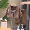 2024 primavera nuevo cárdigan vertical de punto para niño manga larga traje de tres piezas para bebé varón pantalones casuales una generación de cabello