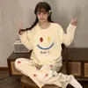 Pijama para Mujer de Primavera y Otoño, Nuevo Estilo Algodón Imitación Cuello Redondo Manga Larga Dulce y Lindo Casual Estudiante Ropa de Casa Conjunto que se Puede Usar Afuera