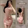 Camisón Sexy de Tirantes de Verano, Pijama Rosa con Lunares Manchados y Almohadillas en el Pecho, Camisón de Tirantes de Seda Helada con Escote Bardot